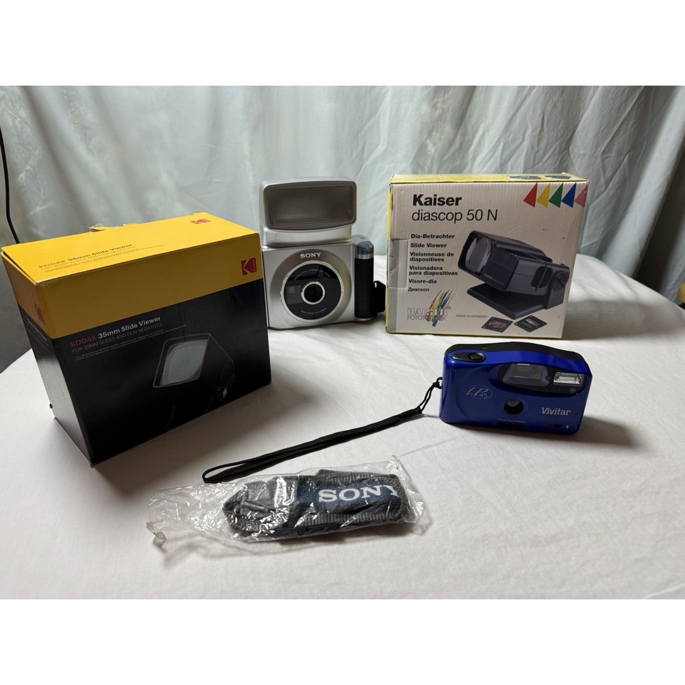 Vintage Film Camera Lot Vivitar LP45 Sony Kaiser Kodak Slide Viewers Accessories